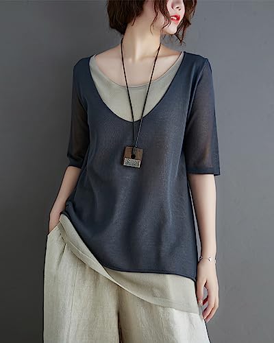 Ellazhu Women's Patchwork T-Shirts Blouse