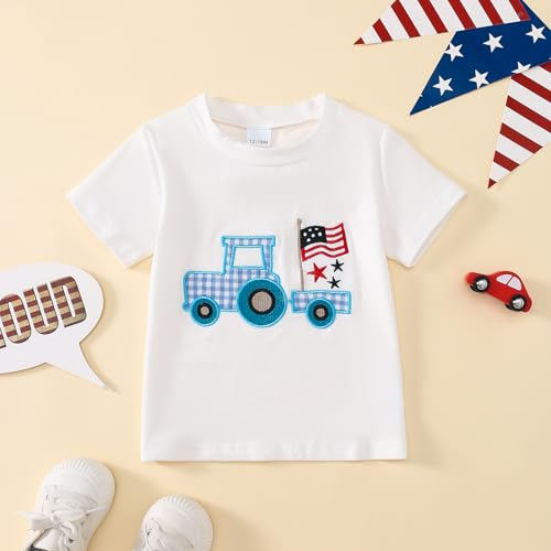 Image of Toddler Boy 4th of July Outfit Embroidered American Flag /Truck Shirt+Striped Shorts Independence Day 1-5T