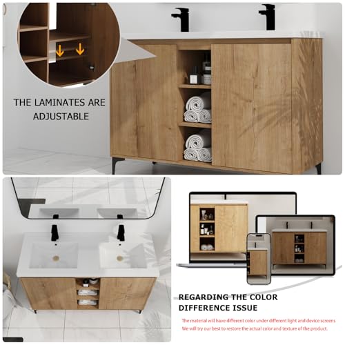 Image of Freestanding Bathroom Vanity, 48 inch Bathroom Storage Cabinet with Double Resin Sinks, 2 Soft-Close Doors & 3 Open Storage Shelves, Floor Vanity with Adjustable Shelf & Black Tripod Base, Oak