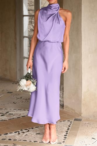 Image of PRETTYGARDEN Women's 2026 Summer Satin Dress Elegant Sleeveless Mock Neck Cocktail Party Maxi Dresses