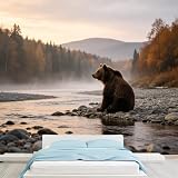 Carta da parati autoadesiva rimovibile con orsetto marrone seduto sulla riva del fiume, autunnale, montagna, foresta, alba, paesaggio, carta da parati autoadesiva per camera da letto, soggiorno, sala