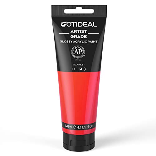 GOTIDEAL Acrylic Paint Scarlet Red Tubes(120ml 4.1 oz) Non Toxic Non Fading Rich Pigments for Painters Adults & Kids Ideal for Canvas Wood Clay Fabric Ceramic Craft Supplies (Scarlet