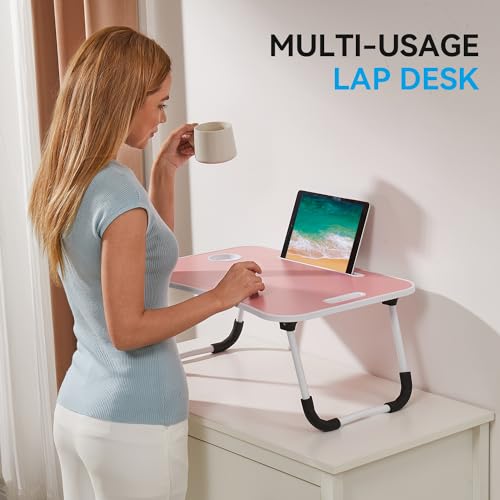 Image of BUYIFY Folding Lap Desk, 23 Inch Portable Wood Blue Laptop Bed Desk Lap Desk with Cup Holder, for Working Reading Writing, Eating, Watching Movies for Bed Sofa Couch Floor-Pink 02