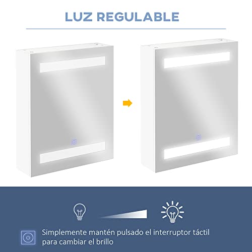 HOMCOM Armario de Baño con Espejo y Luz LED Mueble Espejo de Pared con 2 Estantes de Almacenamiento e Interruptor Táctil para Dormitorio Aseo 50x15x60 cm Blanco - imagen 5