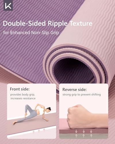 KEEP Yoga Mat 7mm Thick Non Slip - Extra Cushion TPE Exercise Mat for Home Workout & Pilates, Eco Friendly Knee Protection, 72\"x24\" Large Fitness Mat with Carrying Strap,pink