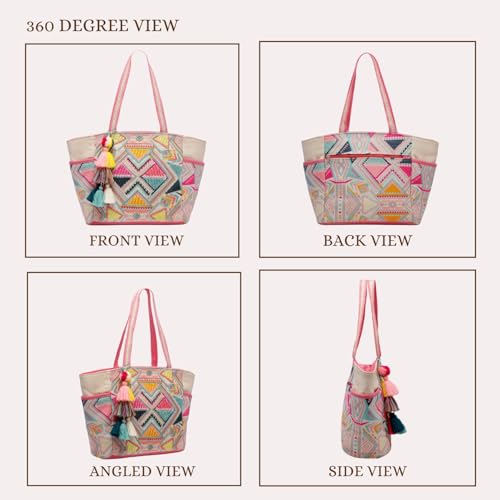 Image of Anekaant Kooky Boho Geometric Embellished Handloom Cotton Jacquard Tote Bag for Women | Handmade Designer Ethnic Bohemian Large Casual Carry Bag