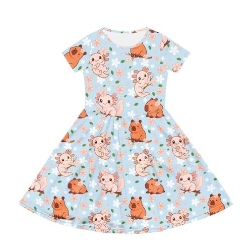 Image of Girls Dress with Pockets Basic Short Sleeve High Waist Swing Skater Dress School Party Dress for Kids