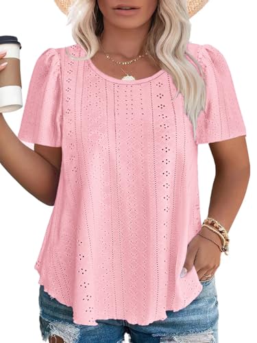 Plus Size Shirts for Curvy Women Trendy Eyelet Tops Dressy Puff Short Sleeve Tees Pink Oversized Crew Neck Blouses 3XL