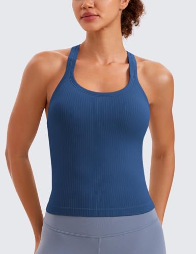 Image of CRZ YOGA Seamless Rib Racerback Tank Tops | Light Support, Built in Bra, Removable Pads, Yoga, Ribbed, High Neck, for Women
