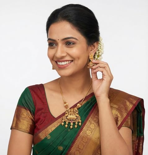 Image of Traditional Gold-Plated Lakshmi Temple Pendant Necklace Set for Women | Antique South Indian Jewelry with Jhumka Earrings | Ethnic Bridal, Wedding & Festive Jewelry Set