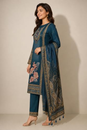 Image of WOOL'S KART|Women's Floral Printed Straight Kurta with Trousers & Dupatta Set | 3-Piece Ethnic Suit Set 103
