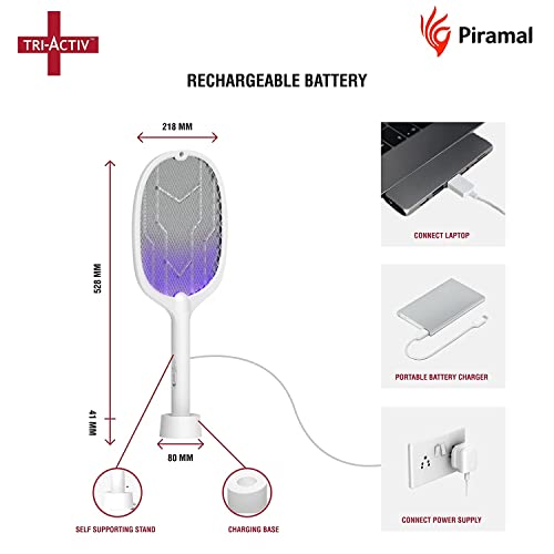 Tri-Activ-Mosquito-Racket-2-in-1-Dual-Mode-Rechargable-Bat-Zapper-by-Piramal-with-UV-Light-self-Supporting-Stand-Insect-Killer-Fly-Swatter-1200-mAh-Li-ion-Battery-White