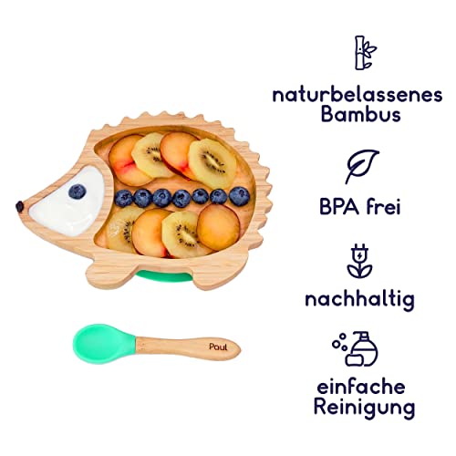 Kleiner Fuchs Hochwertiges Bambus Teller mit Saugnapf, Rutschfestem Saugnapf mit passendem Baby Löffel Macht Mahlzeiten Spaß, Bambus Geschirr Set mit Geschenkbox - Essenlernen mit Igel Design – Bild 4
