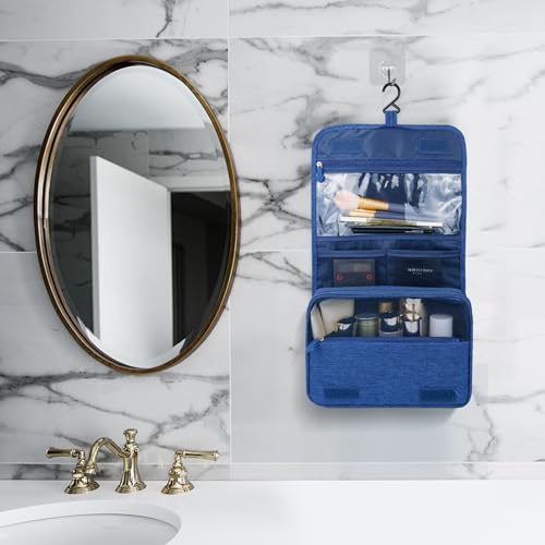 Image of Lcsmaokin Large Capacity Toiletry Bag Travel Bag with Hanging Hook for Men and Women Waterproof Travel Cosmetic Bag Bathroom Storage Bag for Brushes Set, Full-Sized Shampoo, Toiletries, (Navy Blue)