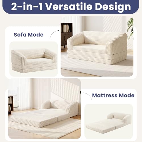 Image of JUIKURY Convertible Sofa Bed, 3-in-1 Foldable Loveseat Couch with Armrest, Corduroy Floor Sofa & Sleeper Bed, No Assembly High-Density Foam Futon Mattress for Living Room, Small Apartment, Dorm
