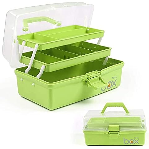 12in Three-Layer Multipurpose Storage Box Organizer Folding Tool Box / Art & Crafts Case / Sewing Supplies Organizer / Medicine Box / Family First Aid Box with 2 Trays (Green) Cover