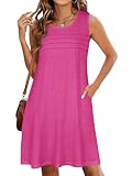 CHICGAL Womens Summer Dresses Casual Loose Pleated Front Tshirt Sleeveless Tank Sundresses with Pockets(Rose Red, L)