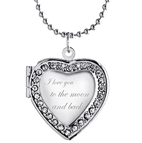 I love you to the moon and back Heart Locket Necklace Engraved Pendant Photo White Gold Plated