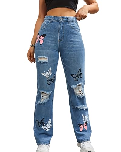 High Waisted Straight Leg Jeans for Women Trendy Butterfly Print Ripped Distressed Denim Pants