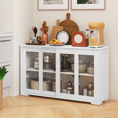 GIANTEX Buffet Cuisine Rangement, 2 Portes Vitrées Coulissantes, Étagère Réglable, Armoire...