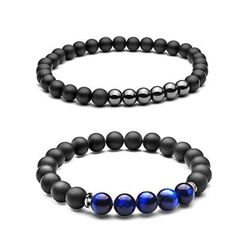 Sevenstone 2Pcs Black Matte Onyx Prayer Beads Bracelet For Men Women Elastic Natural Stone #TOP4