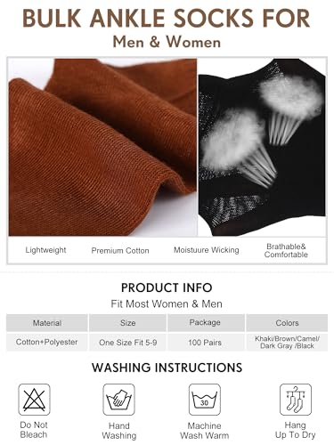 Image of Tarpop 100 Pairs Bulk Mens Socks Moisture Wicking Casual Sports Ankle Socks for Homeless Unisex Adult Men Women