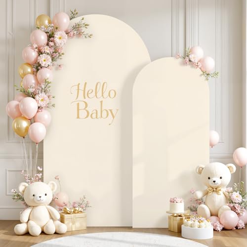 Image of White and Beige Arch Cover Set of 2-7.2FT and 6FT Arch Backdrop Cover Spandex Fitted Wedding Balloon Arch Stand Covers for Bridal Shower Wedding Baby Shower Birthday Party Ceremony Photo Background