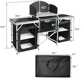 CampLand Folding Camping Kitchen Table with Windscreen,Portable Outdoor Cooking Station with Storage Cabinet & Side Tables Heavy Duty Camp Cook Station for Camping & BBQ (Black3cabinet)