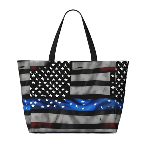 American Blue Line Flag Print Beach Tote Bag Large Travel Bag With Zipper And Pockets Lightweight Gym Bag2