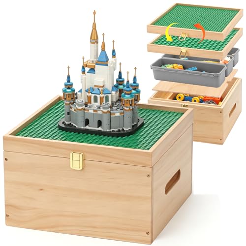 Wooden Storage Box for Lego with Dual-Sided Building Baseplate Lid 5 Removable Bins Natural Pine Toy Organizer Compatible with Classic Lego and Duplo Bricks for Building Storage & Display