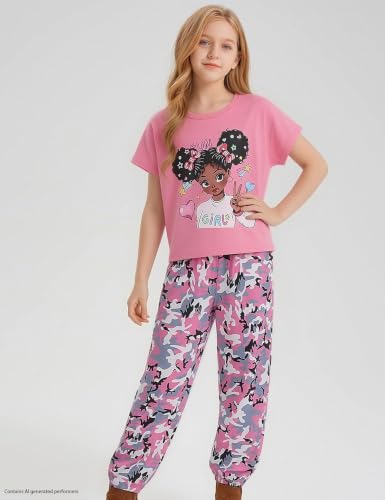 Image of mksodop Girls Outfit Set Graphic T Shirt and Camo Jogger Pants Cute Casual Clothes for Girls 5-16 Years