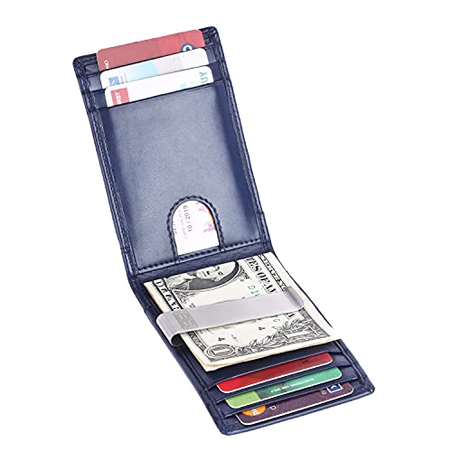 Image of Brooklyn Bridge Money Clip Wallets for Men Vegan Leather Smooth Blue - Slim RFID Protected Card Holder, Stylish Front Pocket Wallet with Cash Clip, Lightweight Gift for Him