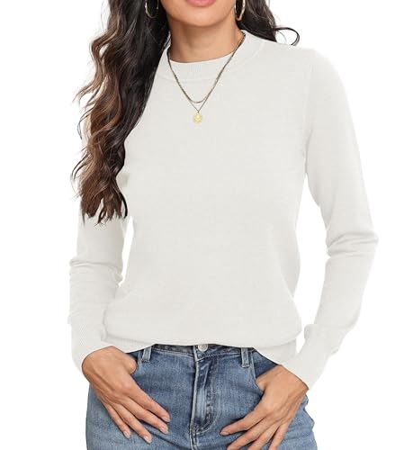 GRECERELLE Womens Jumpers Soft Knit Basic Crew Neck Long Sleeve Fall Winter Spring Sweater Tops for Ladies (White L)