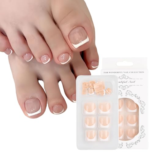 24 Piezas Uñas Falsas para Dedo del Pie, Francesas Uñas Postizas Pies Cuadradas Cortas con Pegamento, Cubierta Completa Brillante de las Uñas de los Pies para Mujeres Niñas Manicura, 12 Tamaños