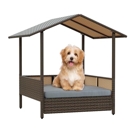 LEMBERI Outdoor Rattan Dog House with Canopy, Indoor Dog Bed for Small/Medium Dogs with Removable...