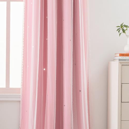 Image of Yancorp Pink Curtains for Bedroom Living Room Thermal Insulated Kids Curtain Hollow-Out Star Window Nursery Curtain 63 inches Length Room Darkening Grommet(Pink,52 * 63),1 Panel