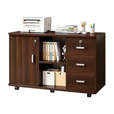Wood Filing Cabinet with Lock for Home Office 3 Drawer Mobile Storage Lateral File Cabinet Under Desk Storage Rolling Printer Stand with wheels Home Office Organization Brown B-L35.4×w13.4×h23.2in