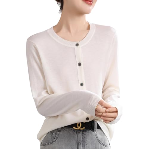 Image of Women's 100% Merino Wool Crew Neck Cardigan Sweater Top Long Sleeve Button Down 2025