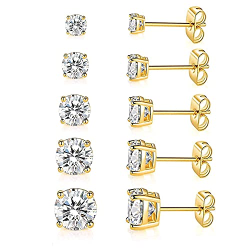 MDFUN 5 Pairs Stud Earrings Sets 3-7MM 18K Gold Plated Round/Cushion/Asscher/Emerald Cut Cubic Zirconia Earring Hypoallergenic Stud Earrings for Women Men