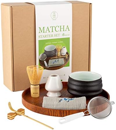 MYCHA-Complete Matcha Ceremony Gift Set -Japanese Handcrafted Matcha Tea Bowl-Bamboo Whisk-Scoop-Scoop Holder-Stainless Steel Sifter-Ceramic Whisk Holder-Tea Cloth-Tea Tray,Prep Guide (Black pottery)