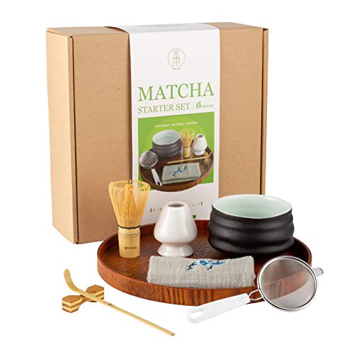 Mycha-Complete Matcha Ceremony Gift Set -Japanese Handcrafted Matcha Tea Bowl-Bamboo Whisk-Scoop-Scoop Holder-Stainless Steel Sifter-Ceramic Whisk Holder-Tea Cloth-Tea Tray,Prep Guide (Black Pottery) #TOP10