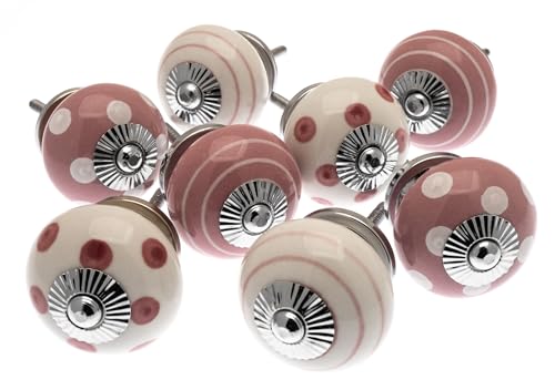 Assortiment de 8 boutons de porte de placard Mango Tree - Vieux rose et blanc, pois et rayures - En céramique - Produit (MG-729) de marque déposée