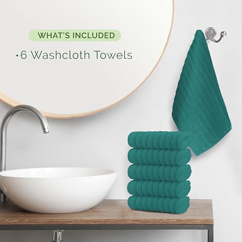 Image of Elegant Comfort 100% Turkish Cotton Corduroy Ribbed Luxury Washcloths 6 Pack Soft 13 x 13 Inch - Higly Absorbent, Durable, Quick Dry, Spa Premium Hotel Quality for Bathroom or Travel, Turquoise