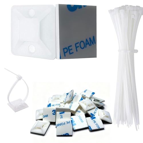 Strong Back-Glue Self Adhesive Cable Zip Tie Mounts Kit - 100 Set Cable Management Clips with 6