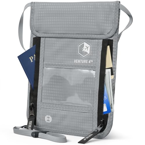 VENTURE 4TH Neck Wallet for Women & Men – RFID Blocking Passport Holder for Travel, Hidden Neck Pouch with 6 Compartments, Slim Lightweight Travel Organizer with Adjustable Strap (Silver)