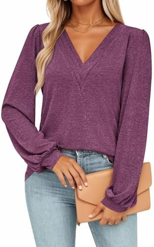 Halife Womens V Neck Long Sleeve Tops Dressy Casual Loose Fit Work Blouse Fall Fashion Pleated Blouse with Puff Sleeves Fuchsia M