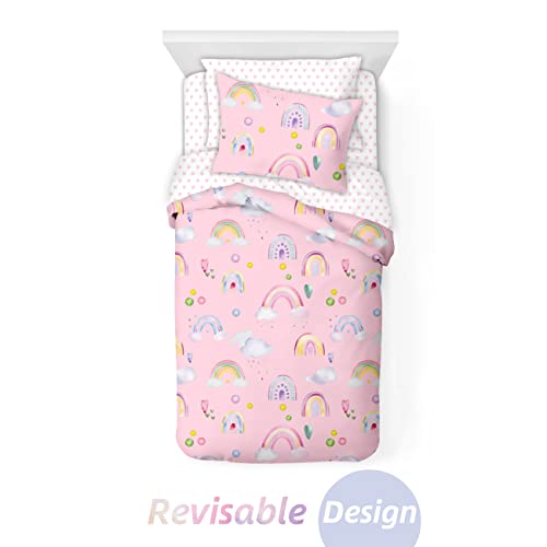 Juego de funda de edredón infantil rosa reversible STYHO con estampado de arcoíris y corazones 3