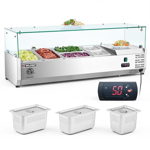 Wilprep 48" Refrigerated Sandwich Prep Table with Glass Sneeze Guard, Commercial Salad Bar Buffet Station includes 6 Pans (1/3, 1/4, 1/6 Size), NSF & ETL Listed, Adjustable Temperature for Kitchen