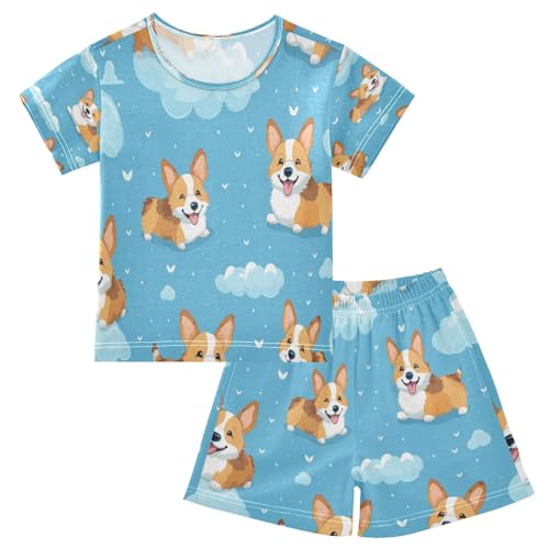 Happy Corgi Kids Pjs Set Boys Girls Summer Short-Sleeve Sleepwear Pajamas 2PCS