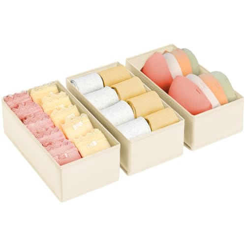 DIMJ Drawer Organiser - Small Clothes Organiser Set of 3, Drawer Dividers for Baby Clothes, Underwear, Socks, Bra, Belt, Tie - Beige